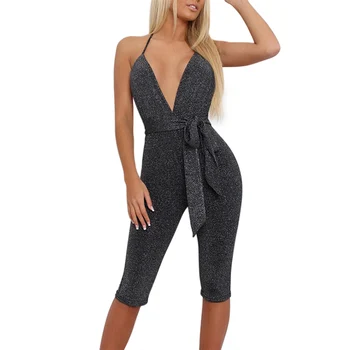 

Women Jumpsuit Deep V Neck Strap Hanging Neck Backless Shining Jumpsuit for Summer Vacation Party XRQ88