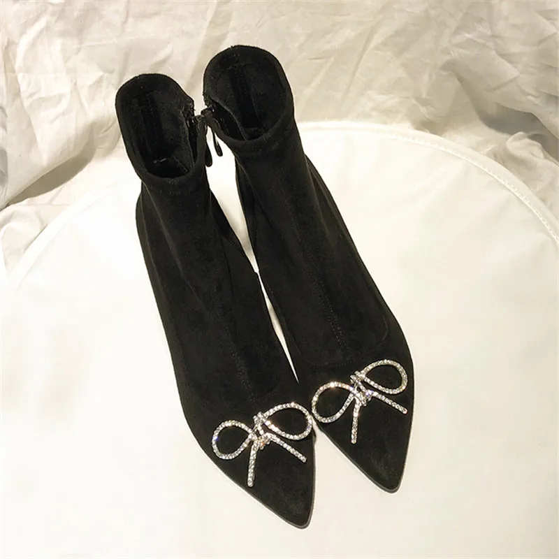 Scarpe donna/ботинки-носки; женская обувь на высоком каблуке; chaussures femme; ботильоны с бантом-бабочкой; ботинки с острым носком на молнии; Botas Bling - Цвет: AS SHOW