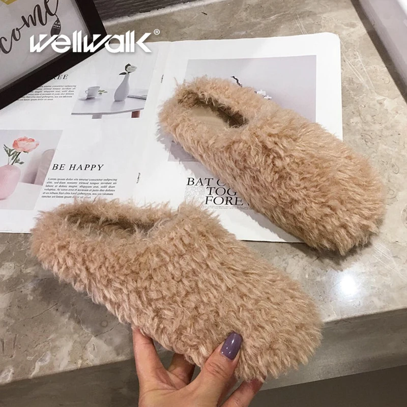 Меховые тапочки без задника женская домашняя обувь Плюшевые лоферы с открытым
