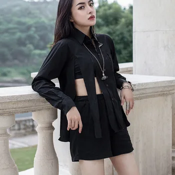 

simple Women Black Vent Split Personality Blouse New Lapel Long Sleeve Loose Fit Shirt Fashion Tide Spring Autumn 2020 1R598