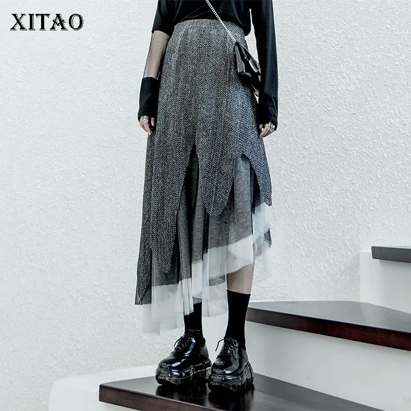 

XITAO Irregular Pleated Skirt Women Fashion Patchwork Mesh Hollow Out Elegant 2019 Autumn Minority High Waist Skirt WQR1755