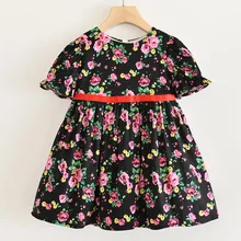 Платья для девочек; Новинка года; одежда для детей; платье с короткими рукавами и круглым вырезом и маленьким цветком; детская одежда для девочек