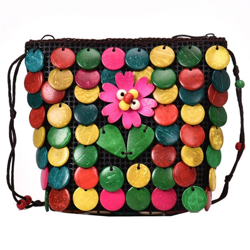 

National Wind Female Handmade Flower Coconut Shell New Strange Woven Bag Pure Coconut Shell Beading Messenger Bag Powder Flower