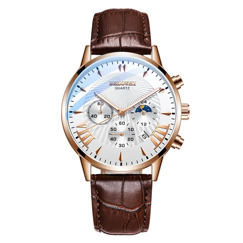 leather brown white Мужские спортивные водонепроницаемые мужские часы, хронограф, модные часы, ремешок из нержавеющей стали, наручные часы для мужчин Relogio Masculino - Цвет: leather brown white