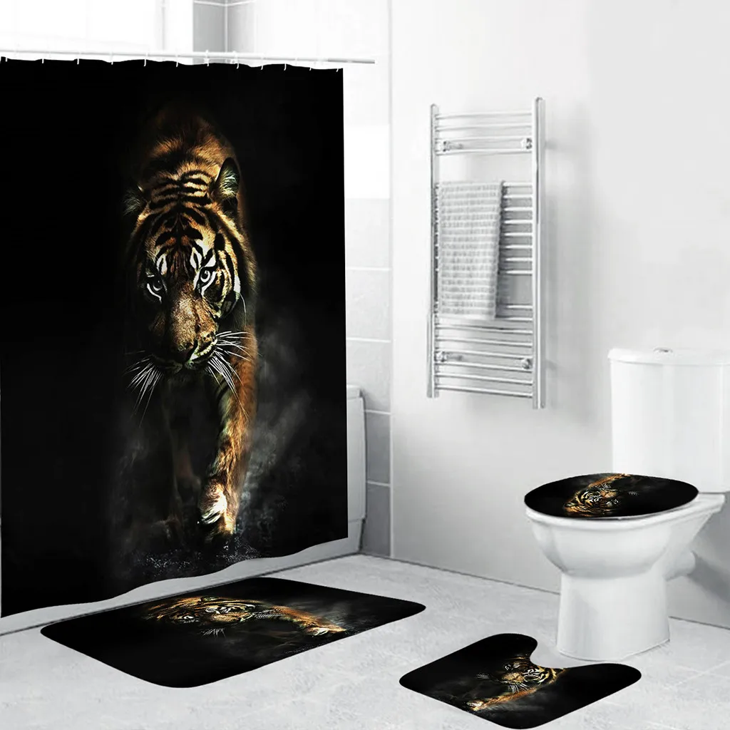 

4 Pcs Toilet Polyester Non Slip Cover Mat Set Bath Rug Sets Toilet Cover Bath Mat Set Bathroom Shower Accessories Curtains