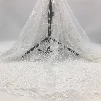 

2020 African Net Lace Fabric, High Quality lace White Sequins Nigerian Wedding Lace Fabrics 5Yards Sequins French Tulle JH83-75