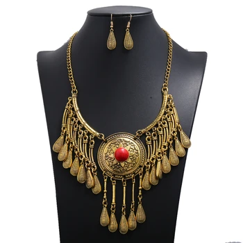 

LZHLQ Female Vintage Bohemian Necklace Earrings Set Ethnic Choker Maxi Statement Necklace Women Jewelry Sets
