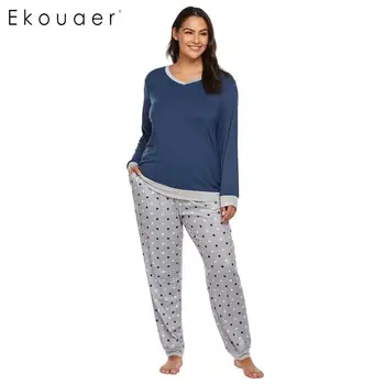 

Ekouaer Women Plus Size Winter Pajamas Sets V-Neck Long Sleeve Dot Pattern Pants Lounge Pajamas Set Loose Home Nightwear