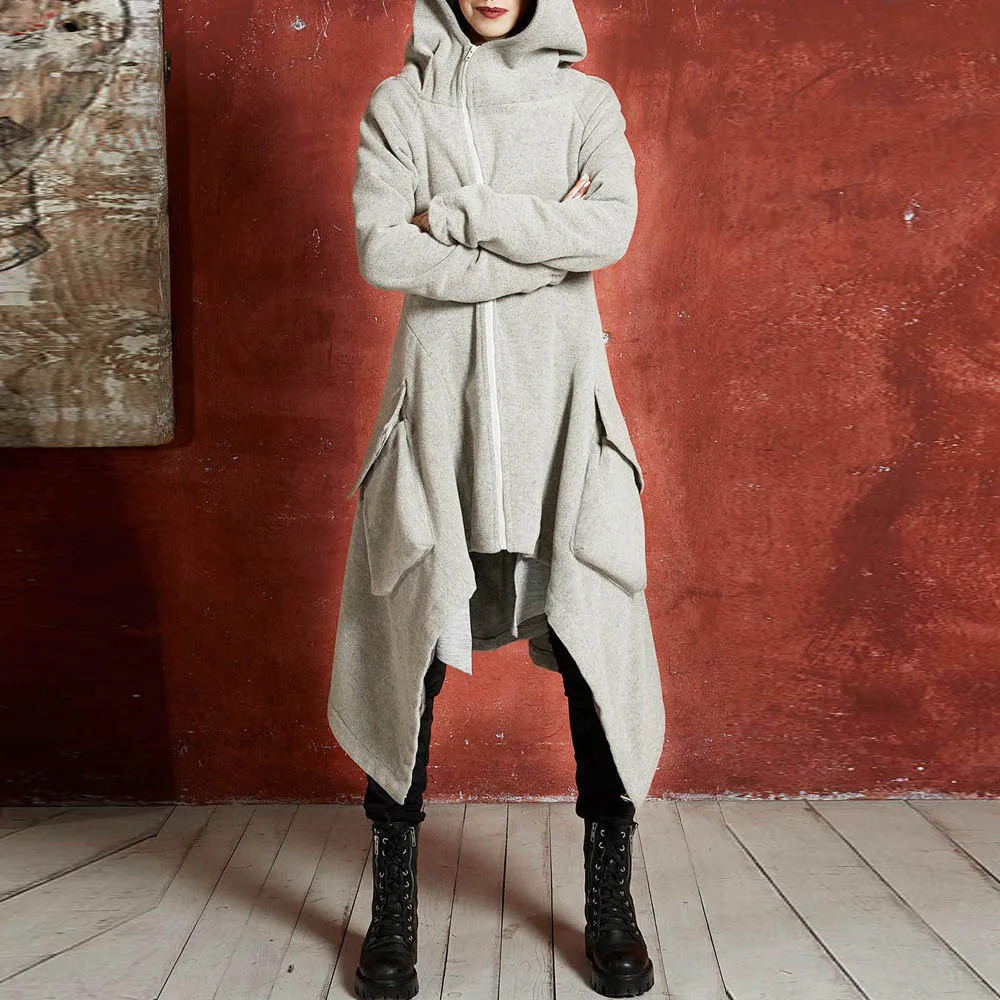 Jaycosin Fashion Women Winter Warm Zipper Asymmetric Solid Hoodie Coat Stylish Long Sleeve Comfortable Soft Coat Overcoat 23#4