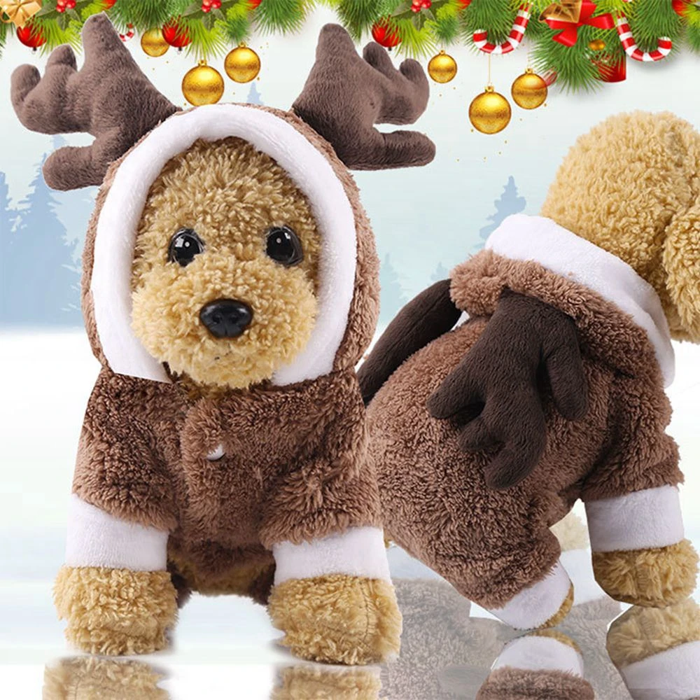 Зимний комбинезон для питомца коричневого лося, Рождественский костюм для собаки, мягкий комбинезон для собаки, милая одежда с рогом лося для кошки, теплая одежда для щенков
