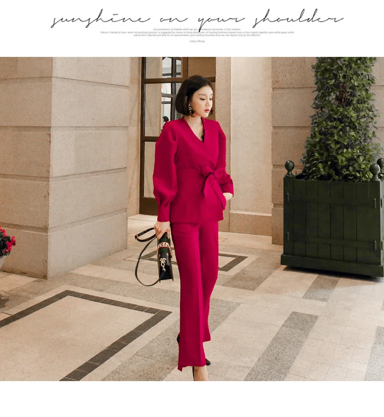 2019 новый осенний красный женский модный офисный элегантный комплект из двух предметов с v-образным вырезом, женские брюки, костюм высокого