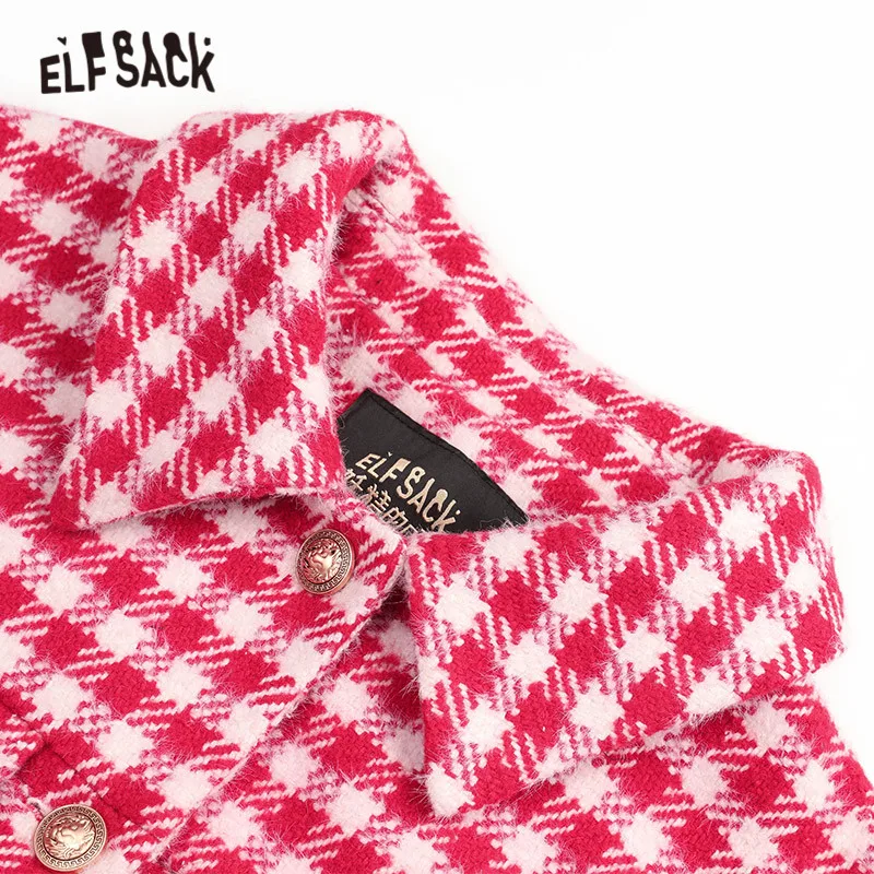 ELFSACK, красное, в клетку, с карманами, прямое, однобортное, элегантное, шерстяное пальто для женщин, зима, с плюшевыми рукавами, винтажная, офисная, женская верхняя одежда