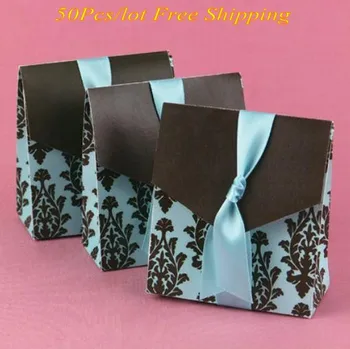

(50 Pcs/lot) Wedding box Favors Turquoise and Brown Flourish Favor Boxes For wedding receiption box and Bridal shower gift box
