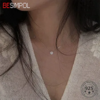 

Women's 925 Sterling Silver Zircon Necklace Shining Square Pandent Choker Necklace For Party Female Elegant Fine Jewelry 2020