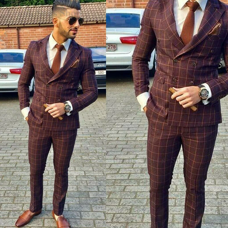

Brown Formal Men's Suits Regular Fit Plaid Wool Tweed Prom Tuxedos 2 Piece Solid Suit For Wedding Grooms (Blazer+Pants)