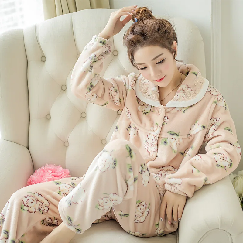 Пижама женская тепловая фланелевая пижама женский сексуальный длинный рукав пижама женский зимний коралл бархатный пижама фланель теплое м м м XL XXXXXXXXXXXL - Color: women pajama Pink