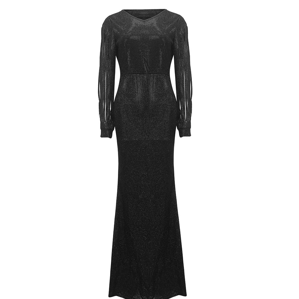 Women Sexy Dress Slim Solid Color Lace Deep Dresses Hollow Lace Long Sleeve Mop Dress Elegant Evening Party Ladies Girls 806