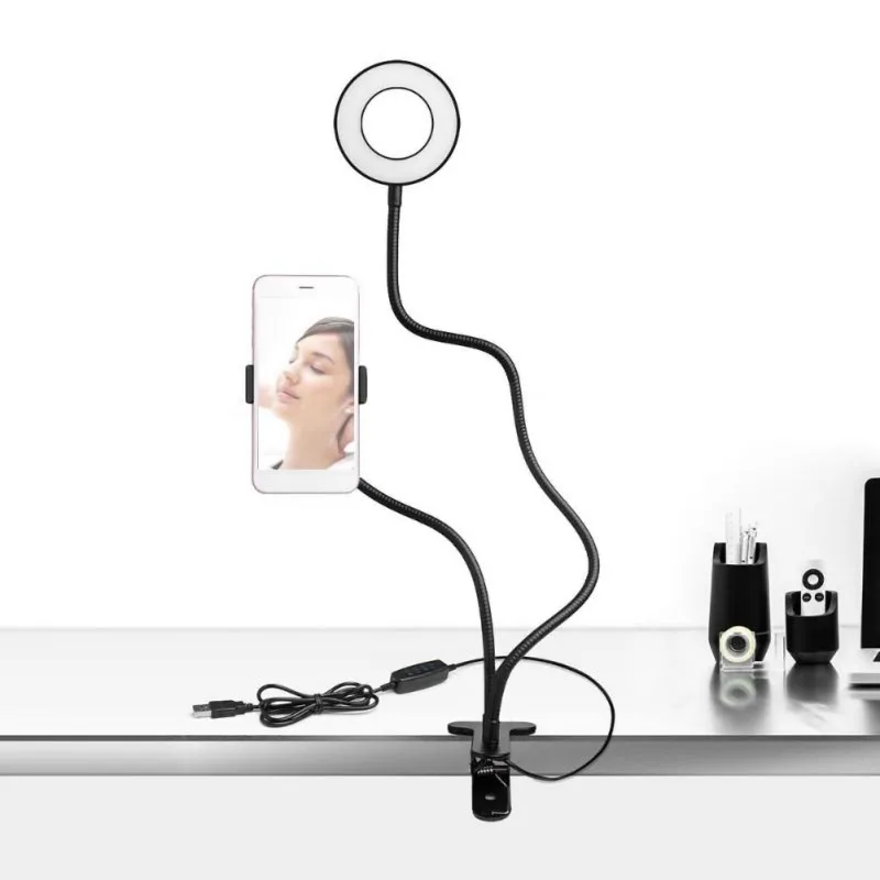 Зажим настольная лампа крепление для макияжа живой поток 2 в 1 дизайн Алюминиевый сплав селфи кольцо свет держатель сотового телефона