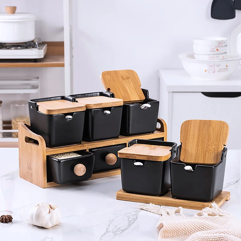 

Black And White Seasoning Containers Three-piece Set Bamboo Seasoning Containers Japanese Style Seasoning Tank Set Ceramic Salt