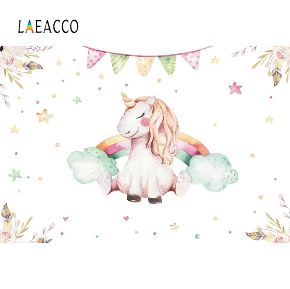 Laeacco Rainbow Watercolor Unicorn Birthday Party Flags Banner Portrait Photography Background Photo Backdrops For Studio | Электроника