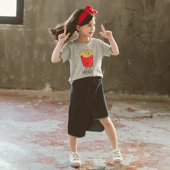 

Summer Girls Clothes Set printing t Shirt+Irregular denim skirt 2 Pcs Casual Set For Girls 6 8 12 Years Teen Kids Girls Clothing