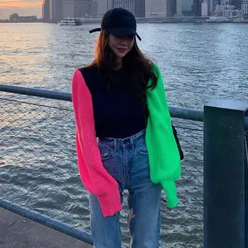 

Hot Sale Fashion O Neck Patchwork Sweater Pullovers 2019 Autumn Winter Patchwork Loose Lantern Sleeve Streetwear Jumper