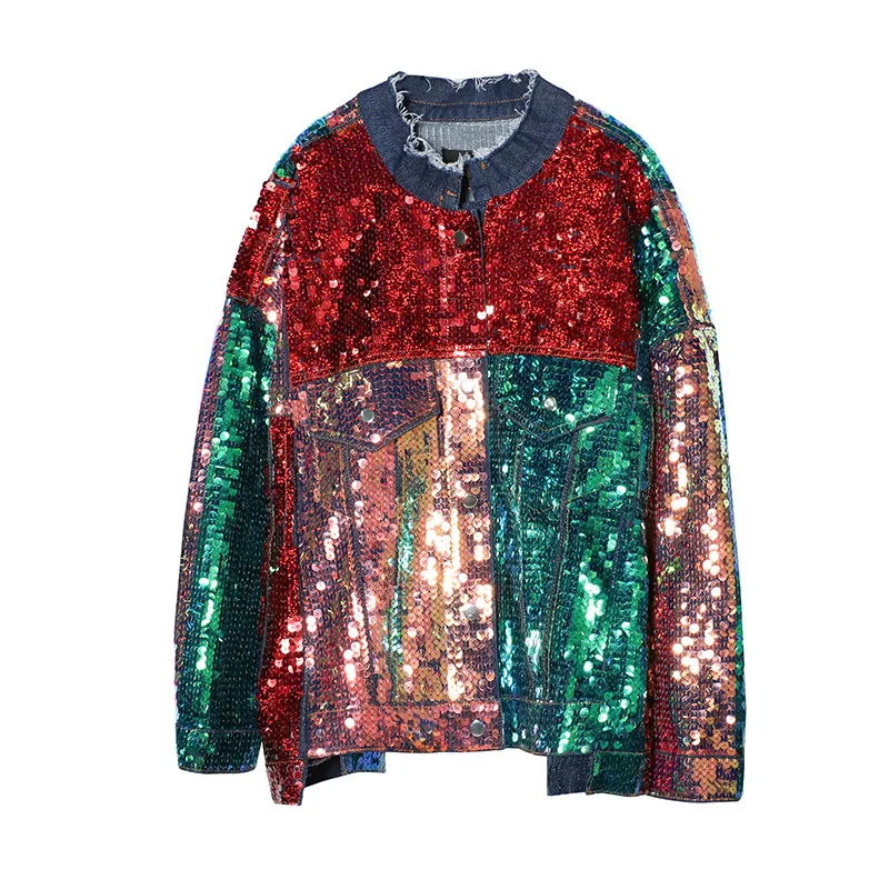 Multicolor Новинка года; цвет радуги; Плотная джинсовая куртка с блестками для работы; женская Свободная куртка - Цвет: Multicolor