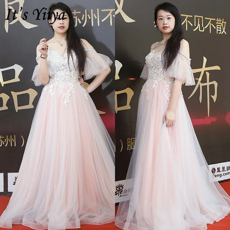 

It's Yiiya Evening Gown Boat Neck Solid A-Line Floor-Length Robe De Soiree DX025 Plus Size Appliques Ruffles Women Party Dresses