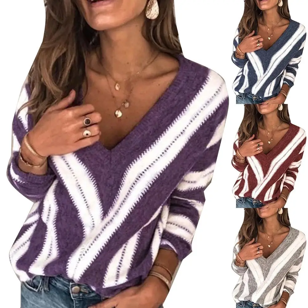 

Fashion Women Autumn Long Sleeve V Neck Color Block Loose Plus Size Sweater hot sales 2020