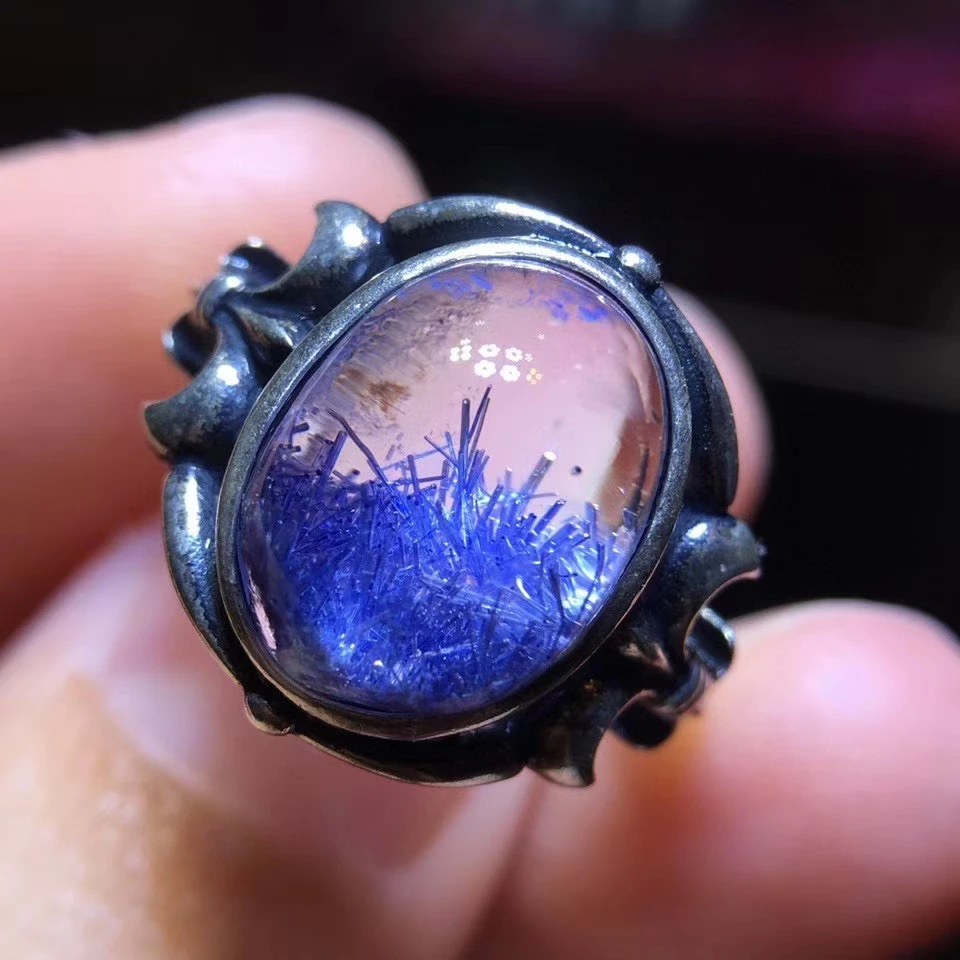 

Natural Blue Dumortierite Rutilated Quartz Crystal 11.6/8.9mm 925 Silver Adjustable Ring Woman Stone Rings Jewelry AAAAA
