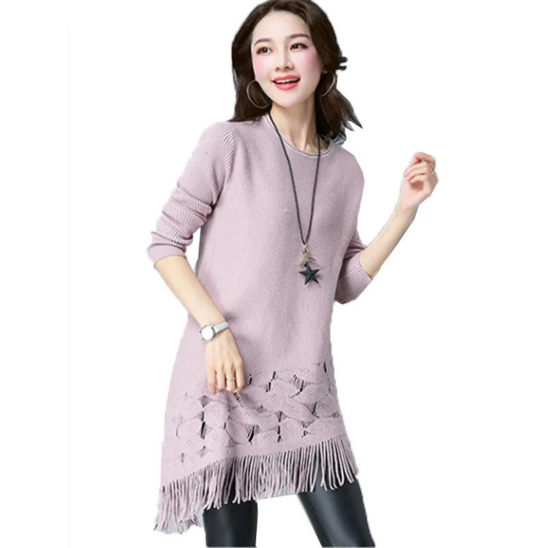 

2019 Women's Sweaters Autumn Winter Spring Long Knit Sweater Korean Round Neck Tassel Pullover Sweater Ladies Knit Dress A505