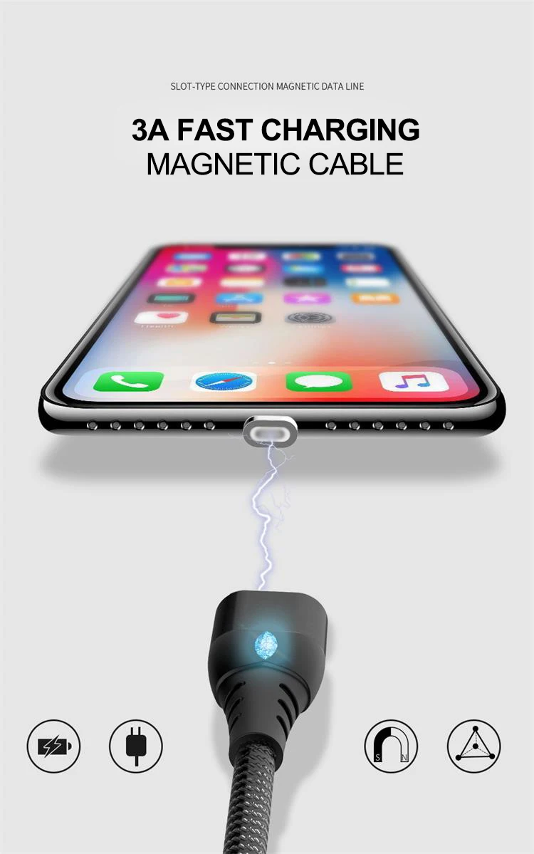 IONCT Магнитный кабель 3A Быстрая зарядка для айфона IPad Xiaomi samsung Android магнитная зарядка телефон магнит зарядное устройство Micro USB type C провод для зарядки data