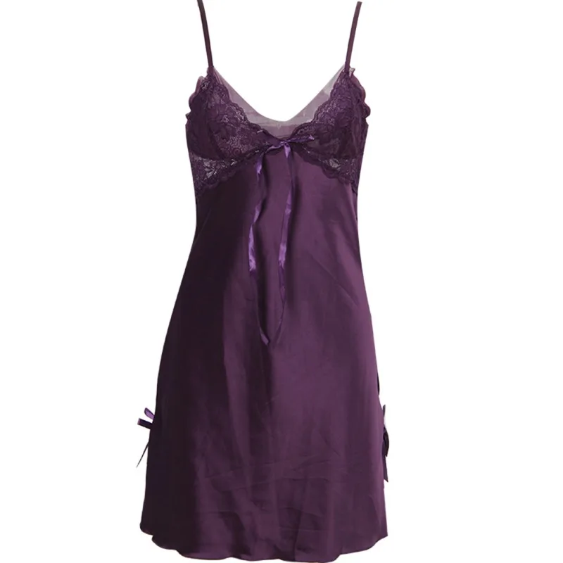 Летнее Ночное платье кружевное ночное белье женское женственная шелковая ночная сорочка атласная ночная сорочка NS - Цвет: Фиолетовый