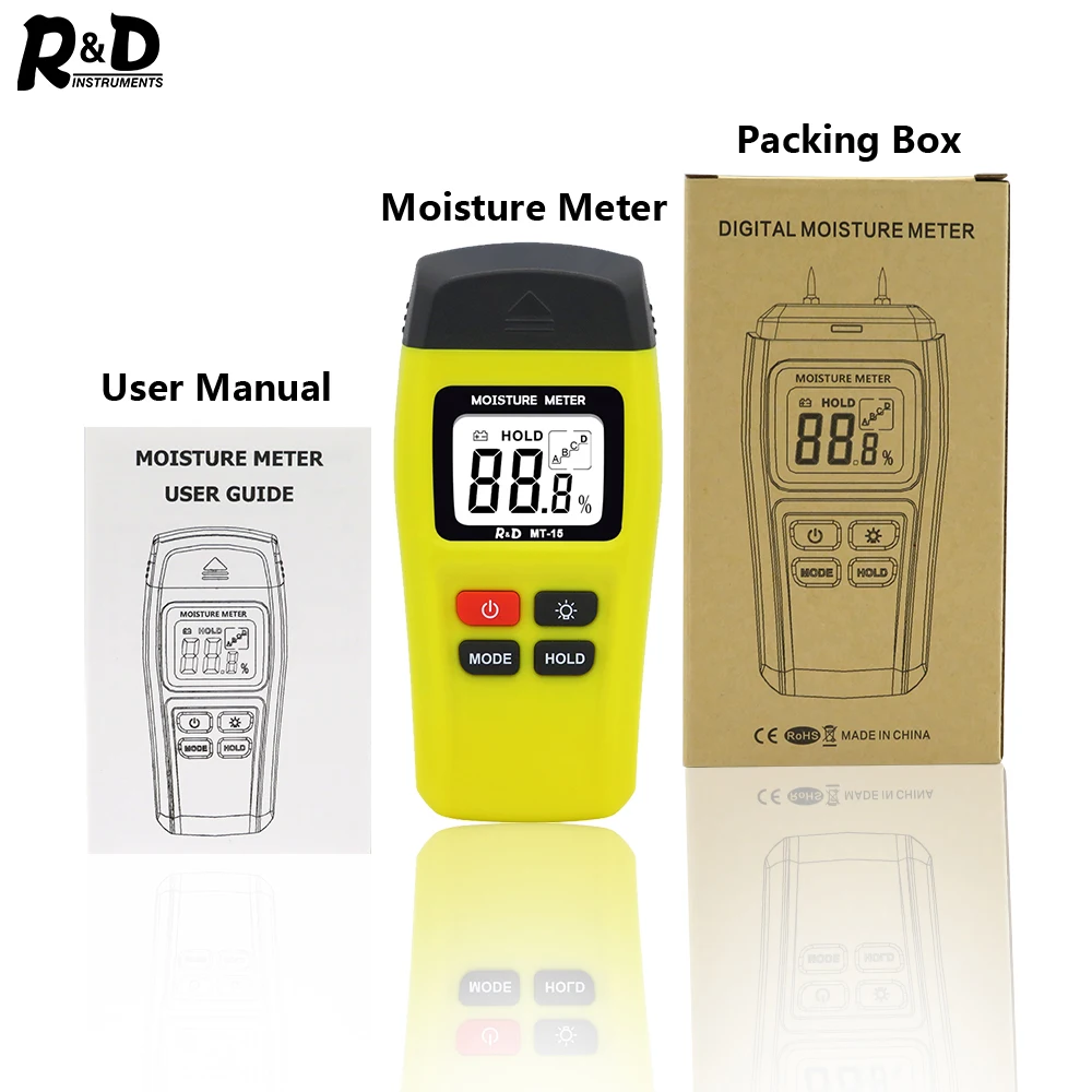 R& D MT15 измеритель влажности древесины и бумаги, измеритель влажности древесины, гигрометр, детектор влажности древесины, тестер плотности деревьев, подсветка желтого цвета