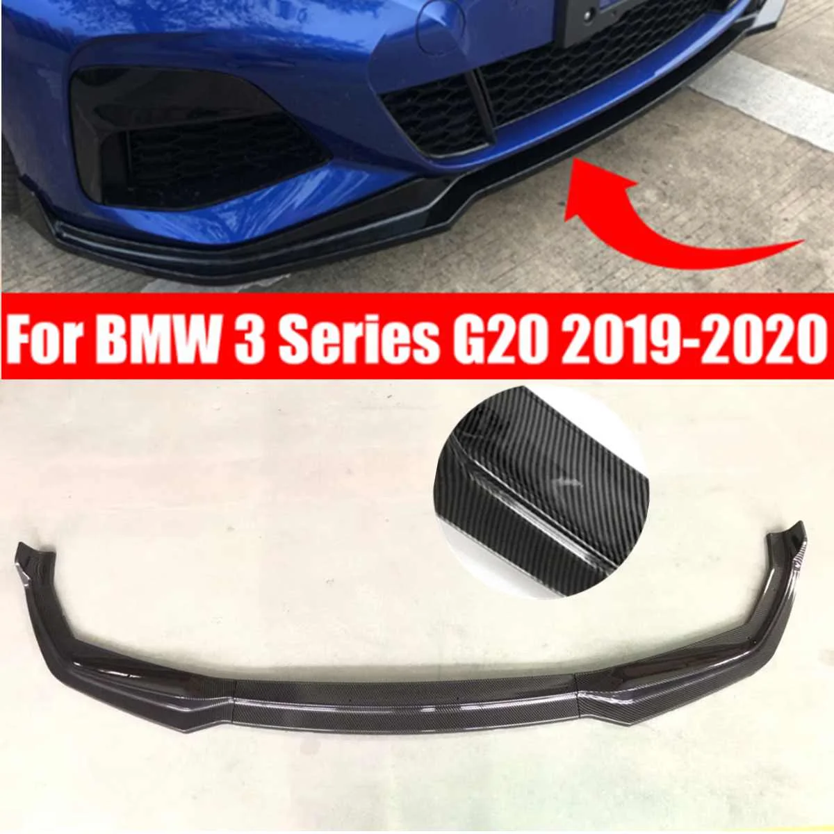 

3pcs Car Front Bumper Lip Carbon Fiber Style Spoiler for BMW 3 Series G20 2019-2020 Front Bumper Kit Car Styling