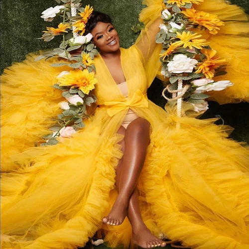 

Hot Sale Gold Tulle Maternity Robes Women Customized Plus Size Sexy Sheer Tulle Dressing Gowns For Photography Party Tulle