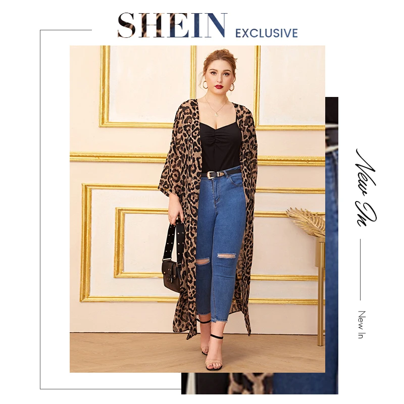 SHEIN Плюс Размер Многоцветный Сплит Сторона шифон Леопардовый принт кимоно для женщин лето осень длинный рукав Повседневная Длинная кимоно