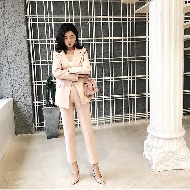 Notched Collar Blazer Jacket Ankle-length Pants Two Pieces Set Women 2019 Autumn OL Outfits Pant Suits Notched Collar Blazer Jacket Ankle-length Pants Two Pieces Set Women 2019 Autumn OL Outfits Pant Suits