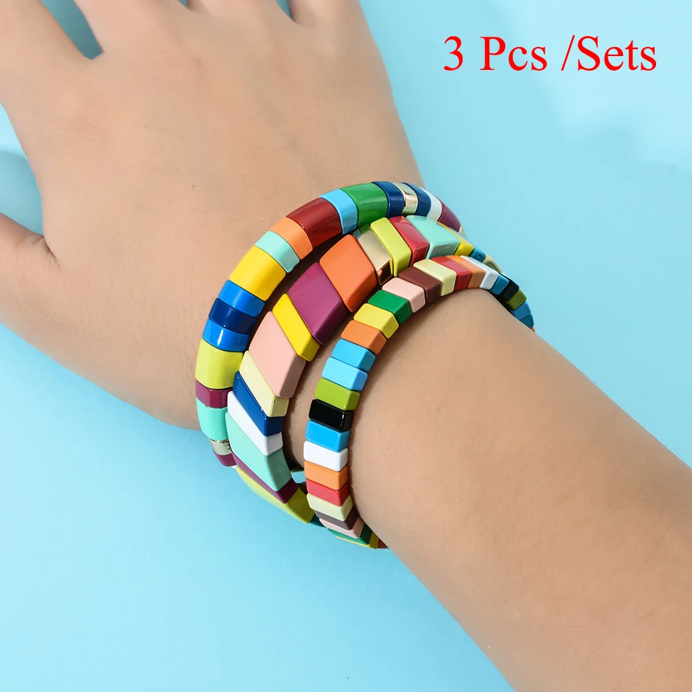 3 Pcs in 1 Sets 3 шт./компл. в богемном стиле плитка браслет браслеты в стиле бохо Для женщин радуги укладки эластичный Модные украшения ручной работы Браслеты - Окраска металла: 3 Pcs in 1 Sets