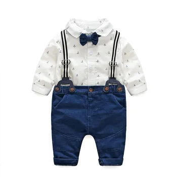 

New Fashion Baby Boys Two-pieces Sets Bow-tie Button-down Shirts Overalls Denim Sets