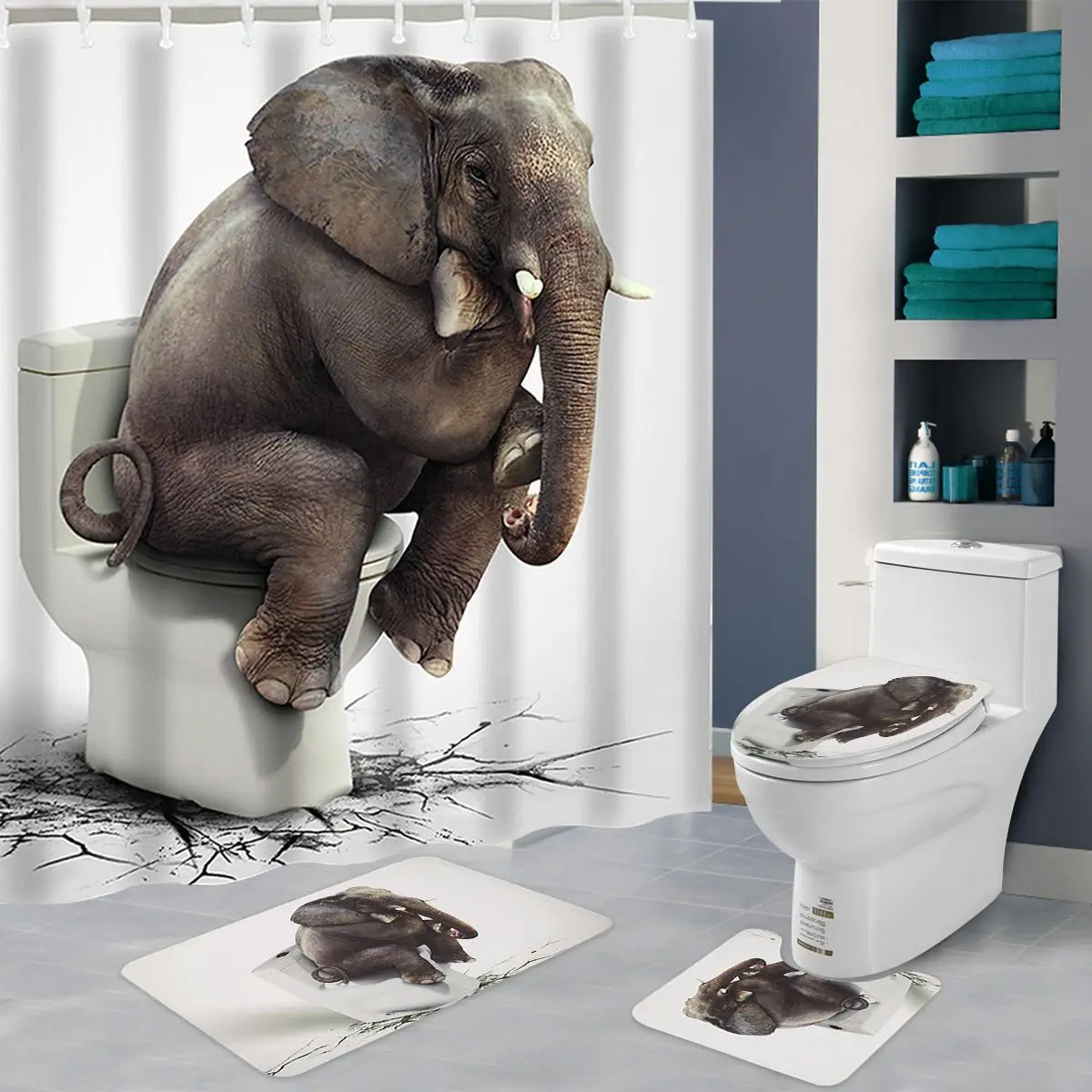 Toilet Lid Seat Cover Shower Curtain Bath Mat 4Pcs Elephant Non-Slip Rug 