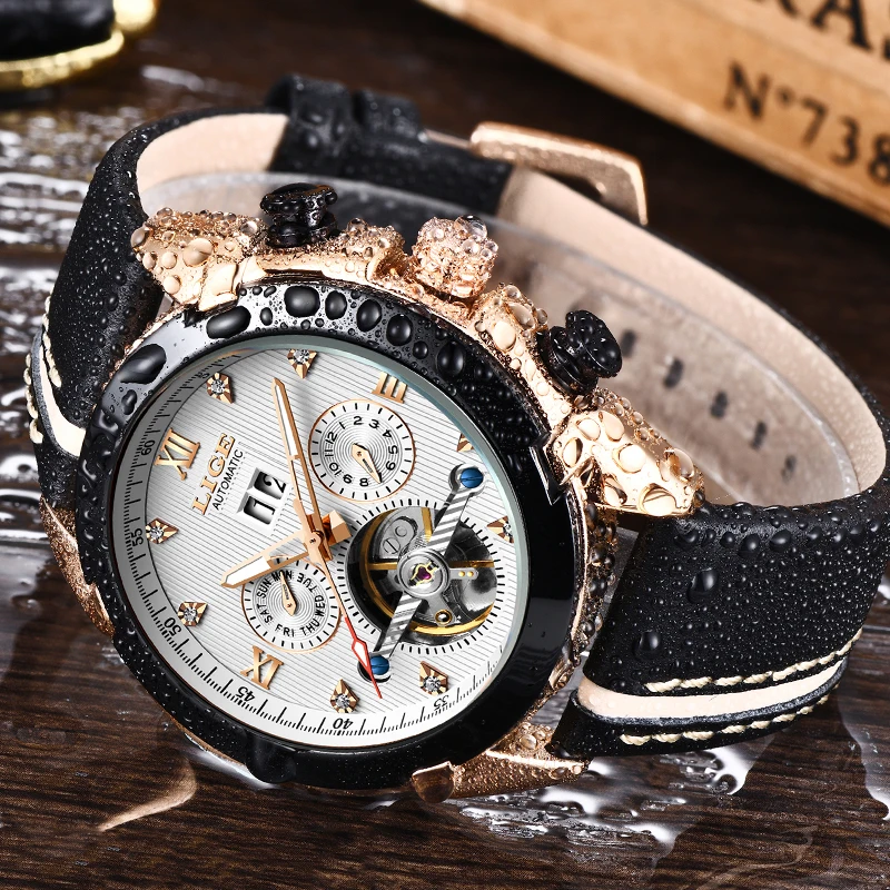 

LIGE Men's Watch Fashion Automatic Mechanical Watch Men's Business Diamond Dial Leather Sports Waterproof Clock Relogio Masculin