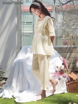 

Irene Tinnie Sweet Soft Cotton Women's Pajamas Sets Female Loose Cute Pyjamas Spring Summer Casual Nightwear Suits