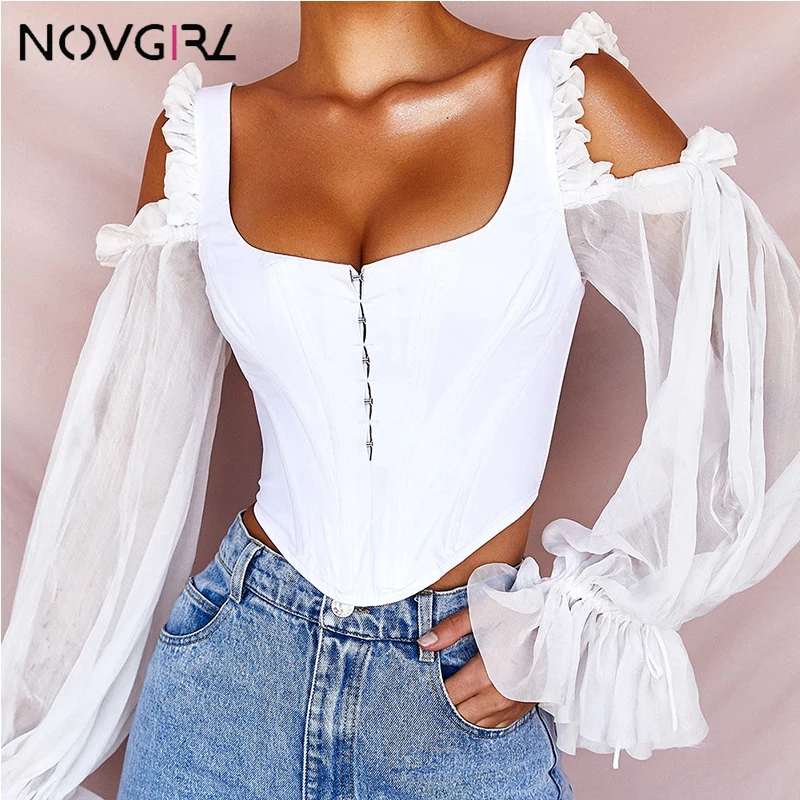 Novgirl сексуальное платье с открытыми плечами белая блузка рубашки Для женщин 2019