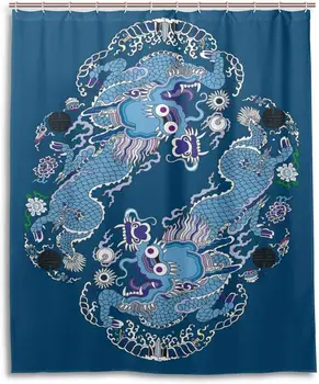 

Blue Traditional Chinese Dragon Home Bathroom Set Polyester Fabric Shower Curtain Home Art Decoration with Hooks