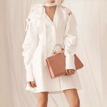 

Spring 2020 White Temperament Commuting Fashion V-neck Shoulder Strap Cuff Pleated Waist Mid-long Long Sleeve White Shirt Dress