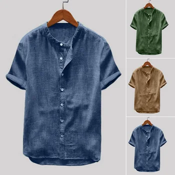 

2020 Men's Shirt Summer Loose Cotton Linen Stand Collar Short Sleeve Retro Shirt Top Casual Wear Men's Shirts