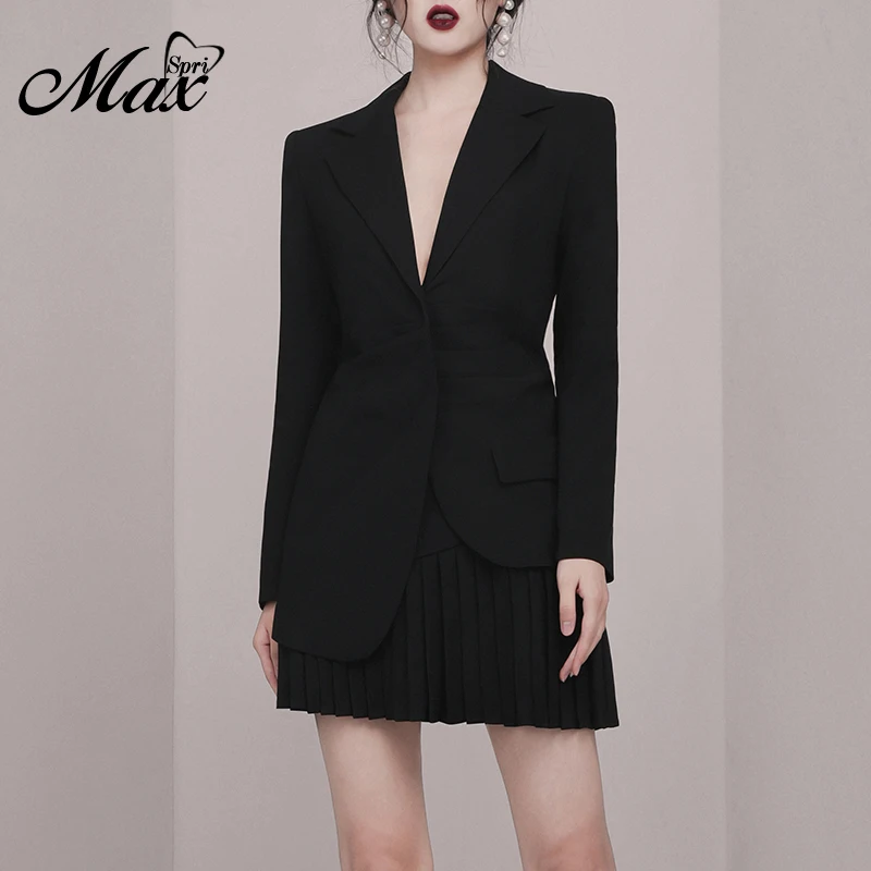 Max Spri Lapel Collar Irregular Coat Pleated Mini Skirt Two-Piece Suit New V Neck Long Sleeve Women Office Fashion Wearing