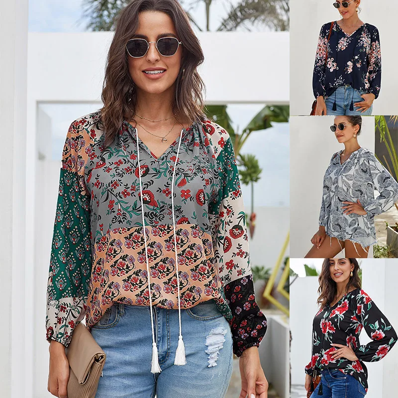 Women Blouses Chiffon Blouse Women Fashion Long Sleeve Lace-up Blouse Casual Shirts Women Print Tops Plus Size Blusas Femininas