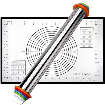 

Rolling Pins Dough Roller with 4 Adjustable Thickness Rings and Pastry Mat for Baking Dough,Pizza,Pastries,Pasta,Cookies